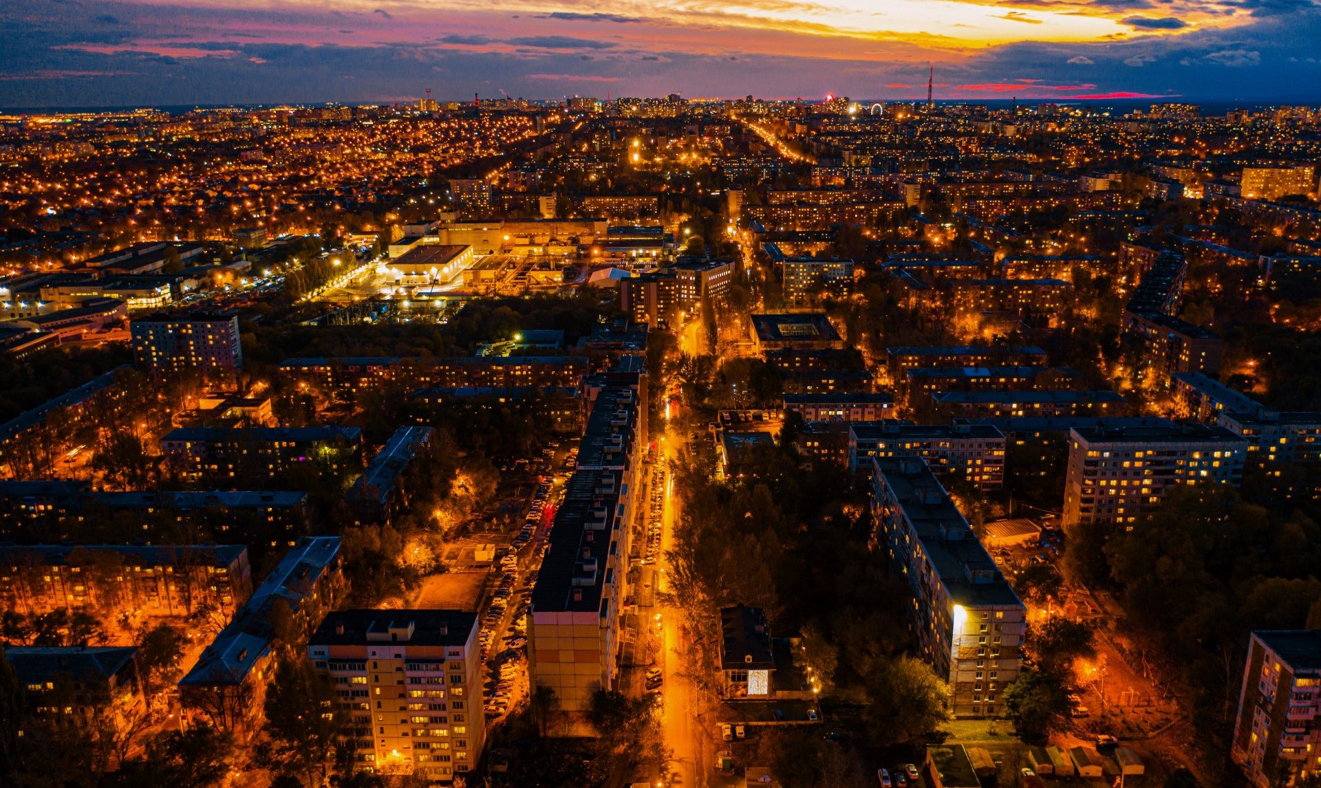 Night,City,Aerial,View,,Street,And,Building,With,Lights,And